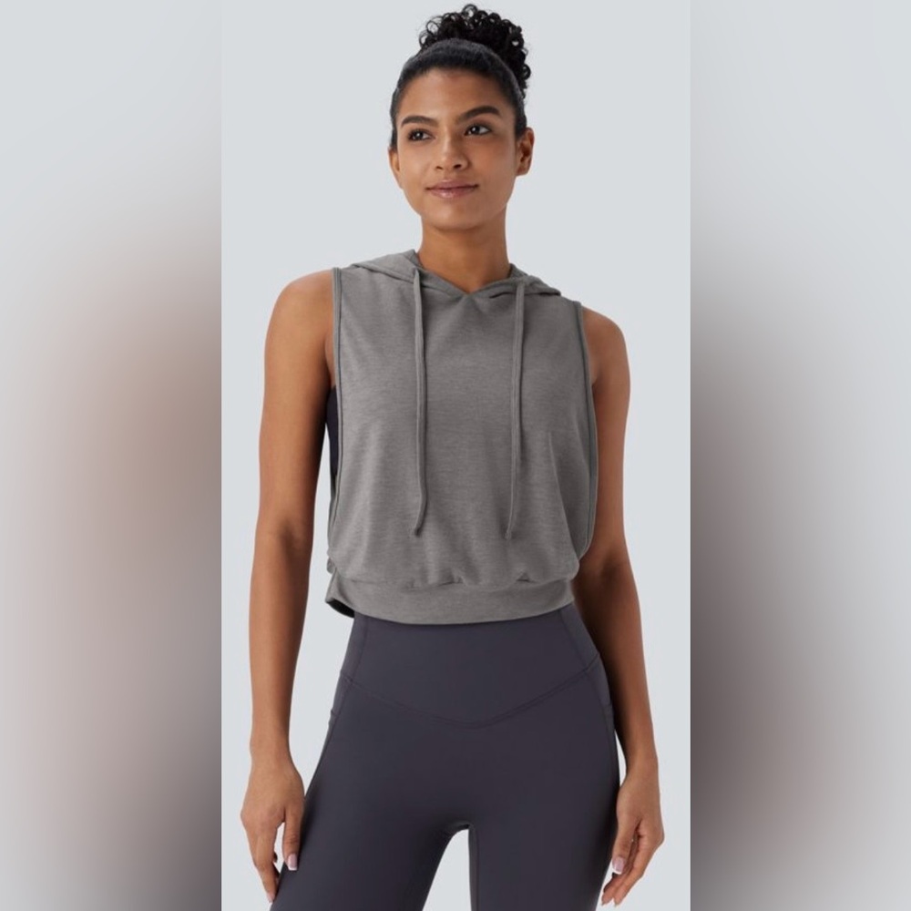 Halara Hooded Drawstring Sleeveless‎ Cropped Running Tank Top NWT Large Gray